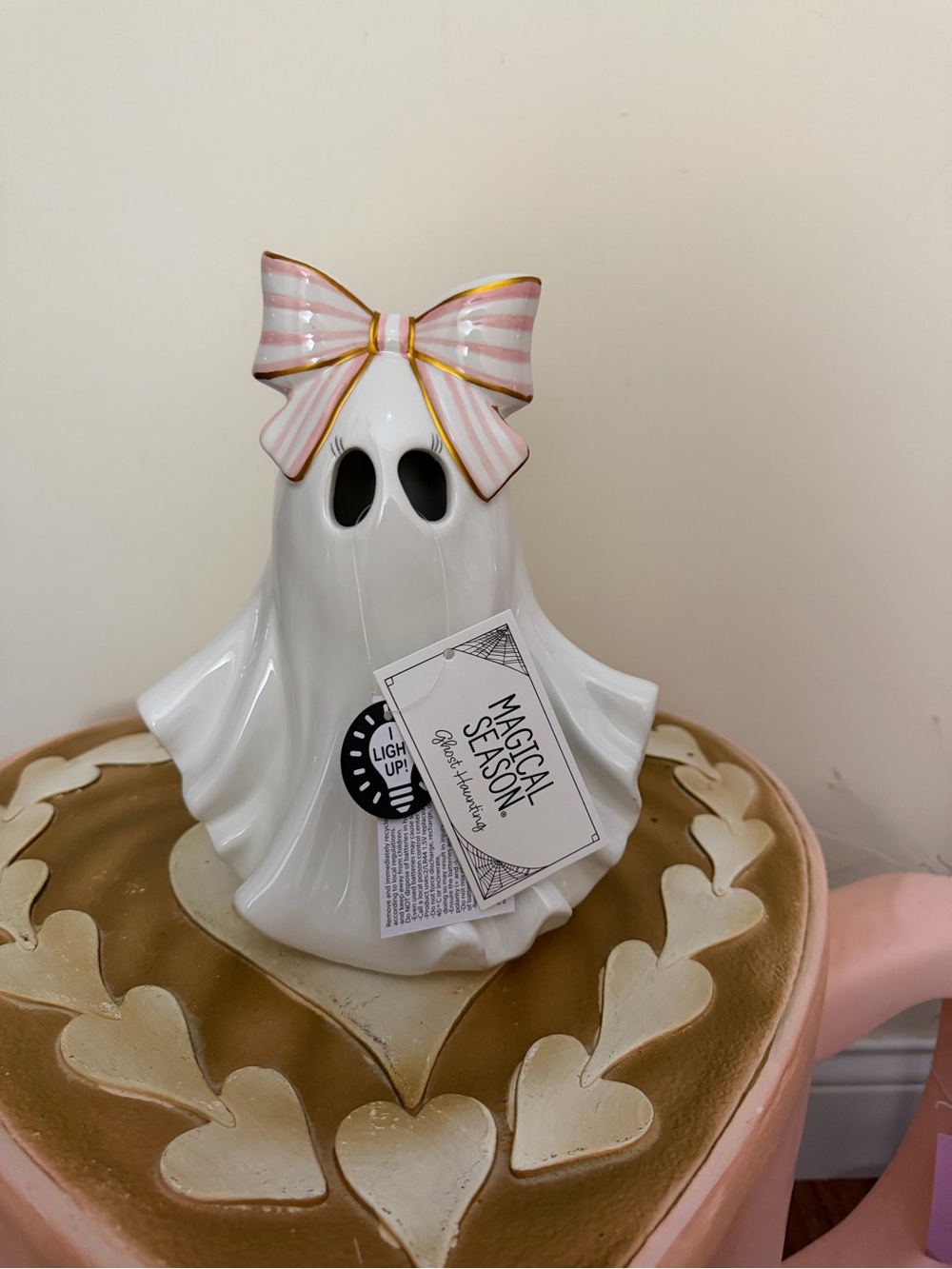 Magical Season Ceramic Light Up Halloween Ghost with Eyelashes & Pink Bow